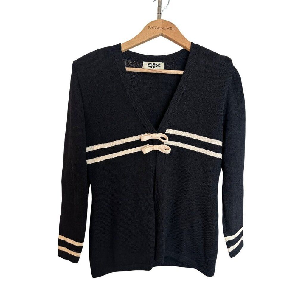 St John Knit Black and White Cardigan Bow Stripe Women's 2 Nautical Career